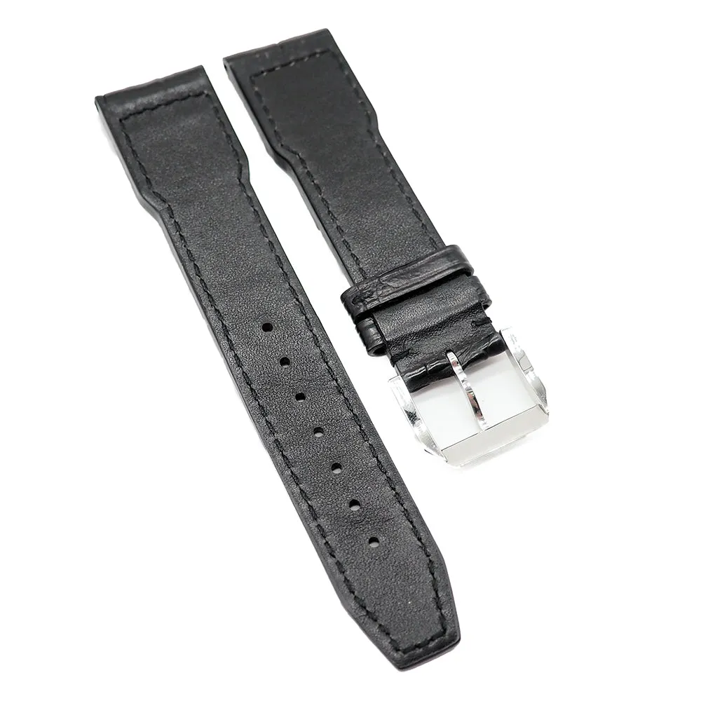21mm Pilot Style Black Alligator Leather Watch Strap For IWC, Semi Square Tail