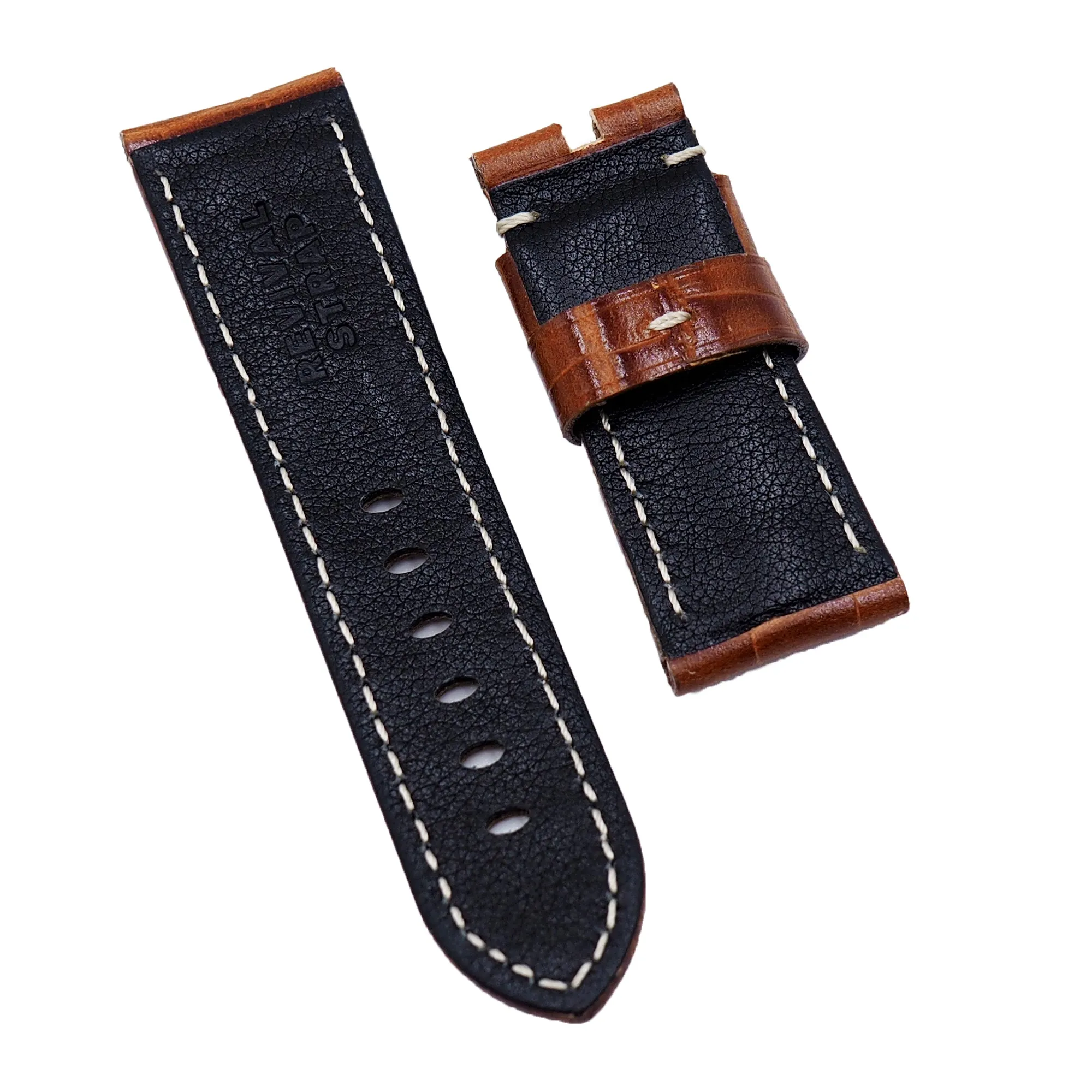 22mm, 24mm Burnt Orange Alligator Embossed Calf Leather Watch Strap For Panerai, Small Wrist Length