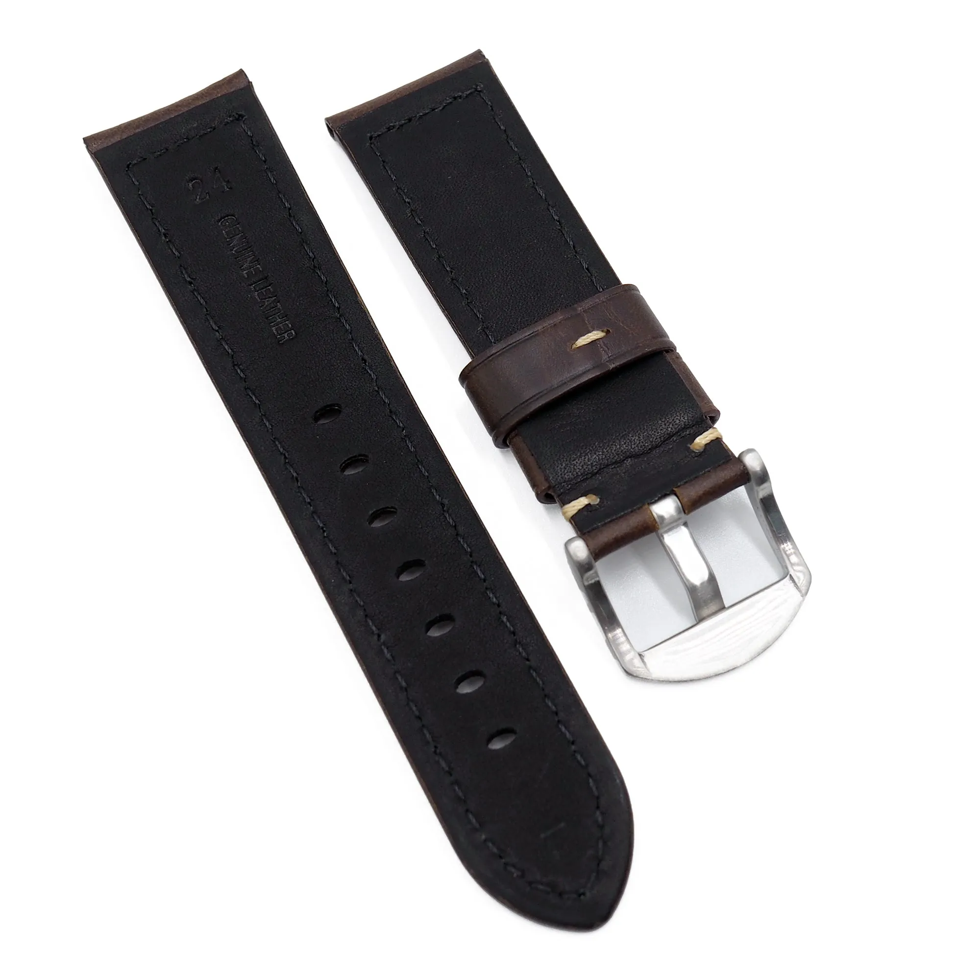 22mm, 24mm Dark Brown Waxy Leather Watch Strap For Panerai