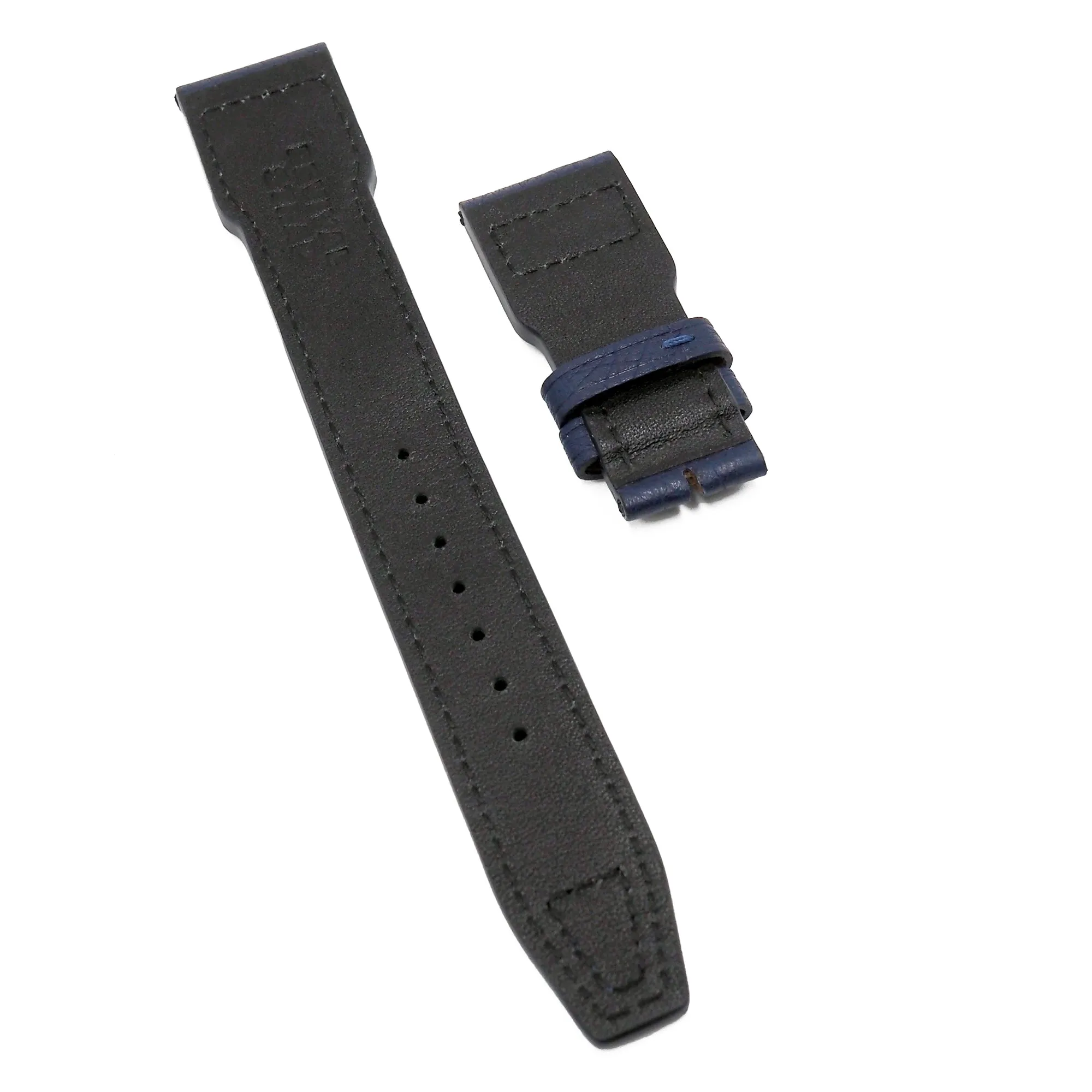 22mm Pilot Style Denim Blue Ostrich Leather Watch Strap For IWC, Rivet Lug, Semi Square Tail