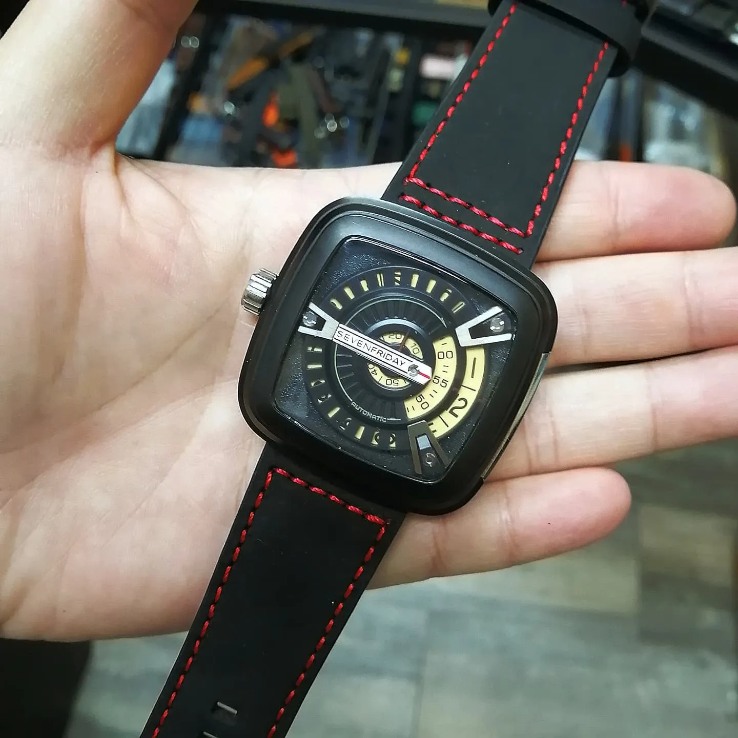 28mm Black Matte Calf Leather Watch Strap For SevenFriday, Red Stitching