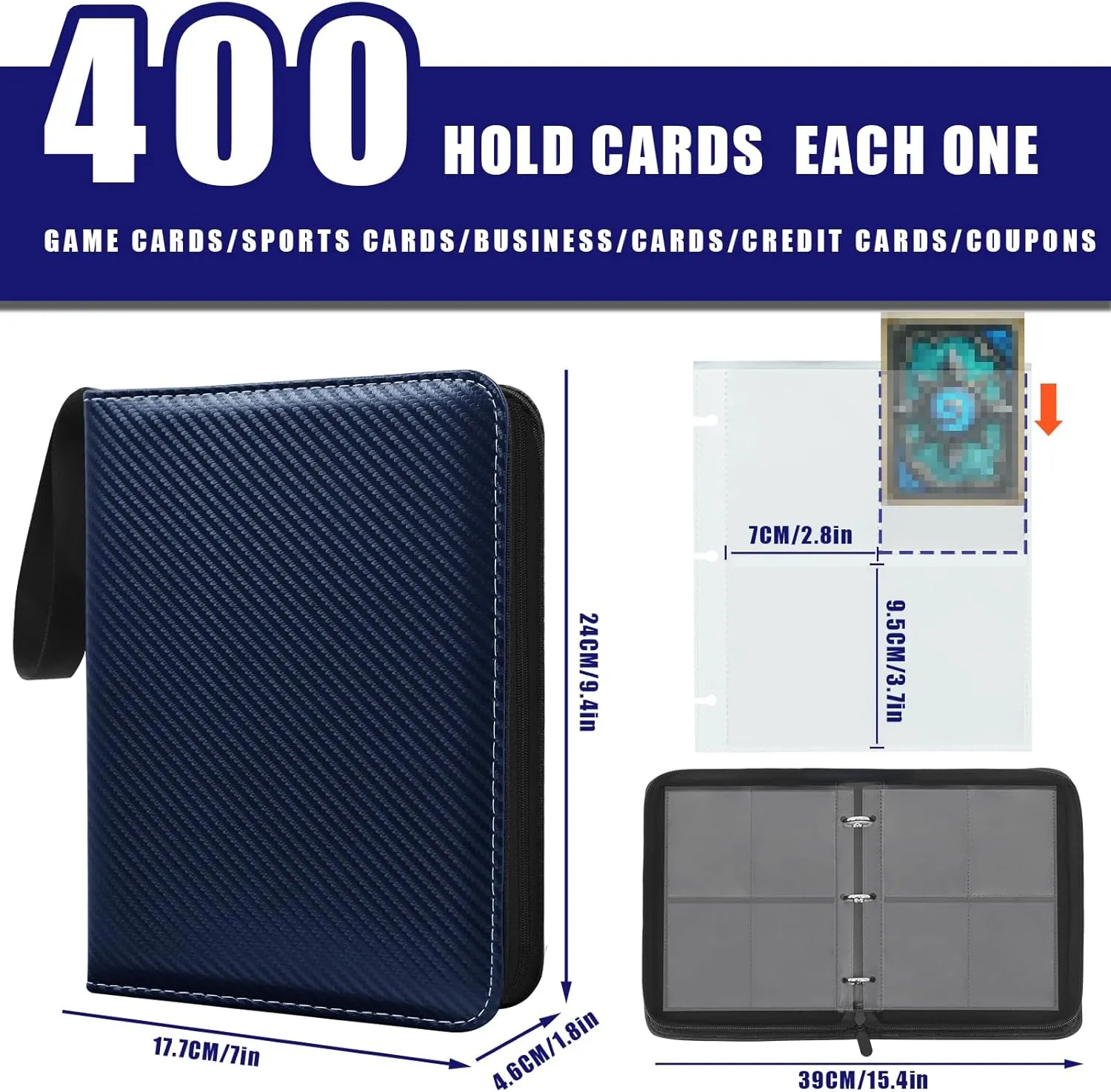 4 Pocket Card Binder, PU Leather Trading Card Binder, 400 Pockets Trading Card Album, Waterproof Zipper Card Collection Folder, Portable Card Album for Board, Sport and Game Cards, Dark Blue