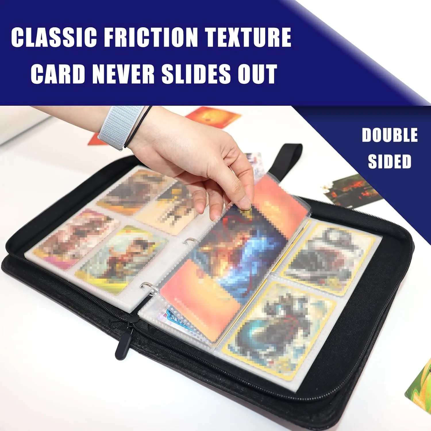 4 Pocket Card Binder, PU Leather Trading Card Binder, 400 Pockets Trading Card Album, Waterproof Zipper Card Collection Folder, Portable Card Album for Board, Sport and Game Cards, Dark Blue