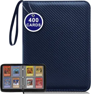 4 Pocket Card Binder, PU Leather Trading Card Binder, 400 Pockets Trading Card Album, Waterproof Zipper Card Collection Folder, Portable Card Album for Board, Sport and Game Cards, Dark Blue
