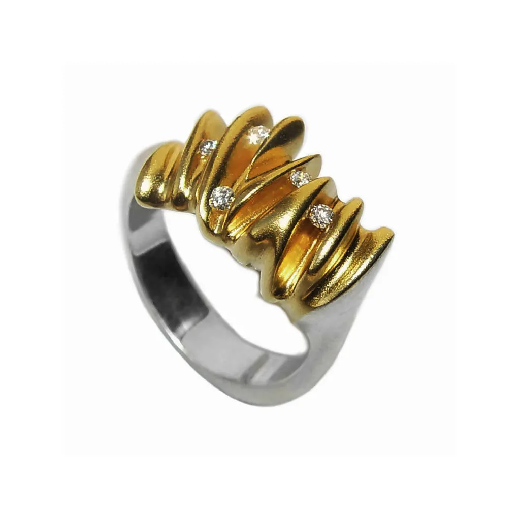 5 diamond sculptural silver shell ring with contrasting 22ct gold plating