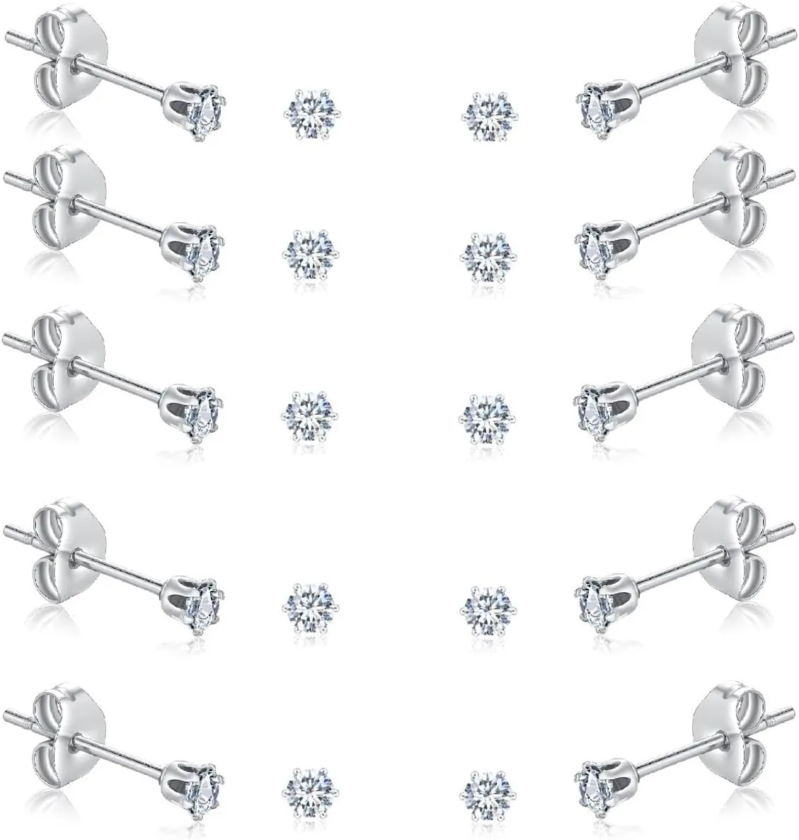 6-10 Pairs Tiny Women's Stainless Steel Round Clear Cubic Zirconia Stud Earrings, Hypoallergenic Surgical Steel Earrings Set, 2mm 3mm 4mm CZ,