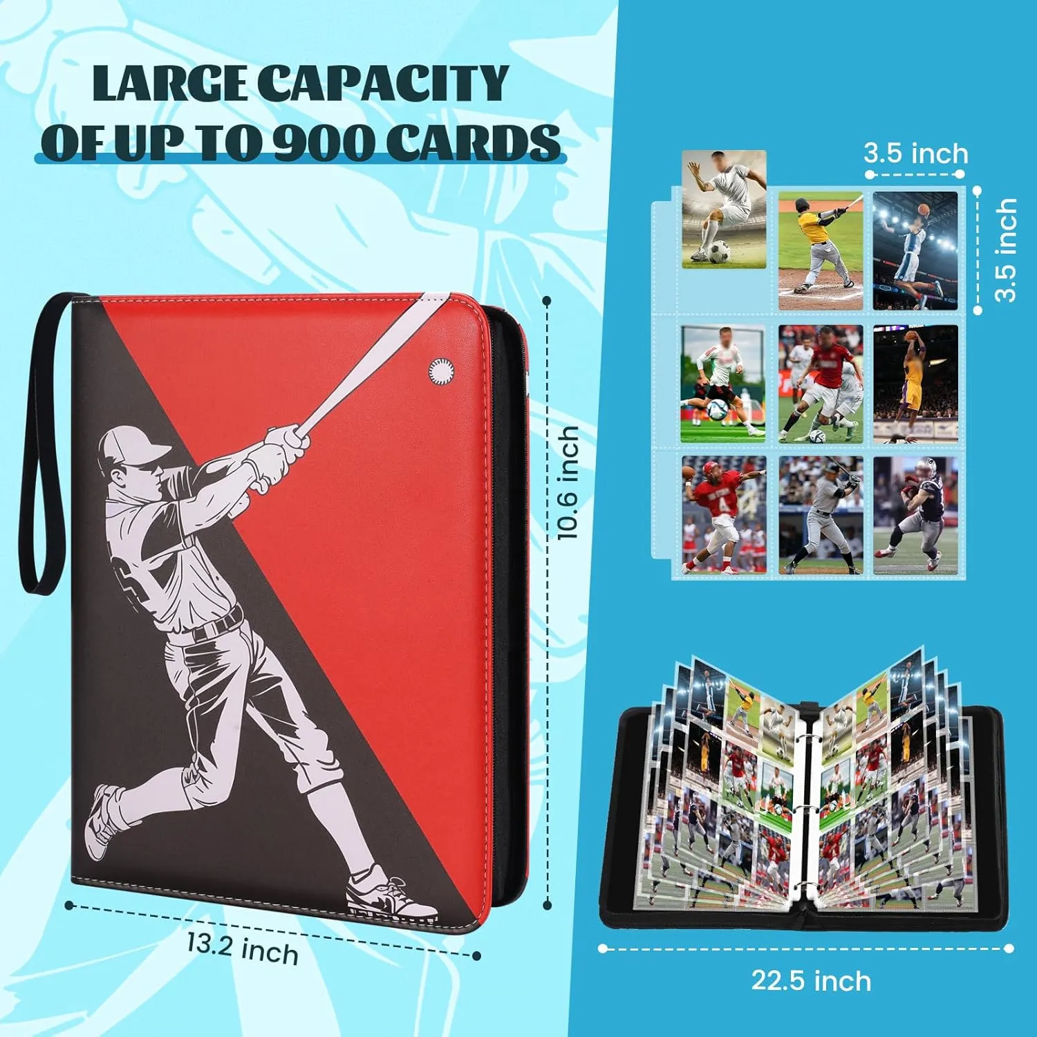 Baseball Card Binder,2025 Sports Trading Card with Sleeves Holder Album,900 Pockets Baseball Card Holder Sheets Display Storage Protectors for Collectors Boys and Girls Gift