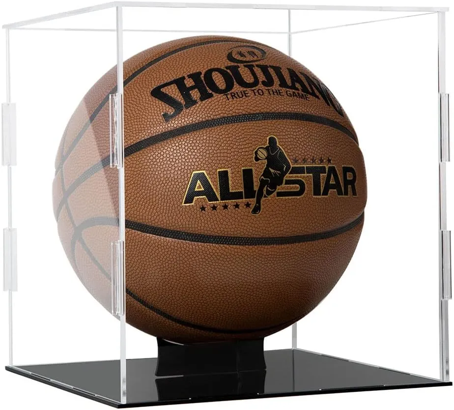 Basketball Display Case Clear Acrylic Glass Cube Assemble Countertop Box Soccer Frame with Sports Protection with Black Stand Holder