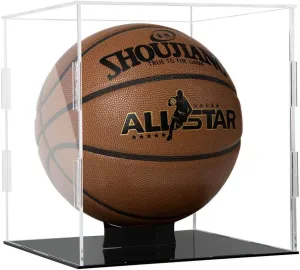 Basketball Display Case Clear Acrylic Glass Cube Assemble Countertop Box Soccer Frame with Sports Protection with Black Stand Holder