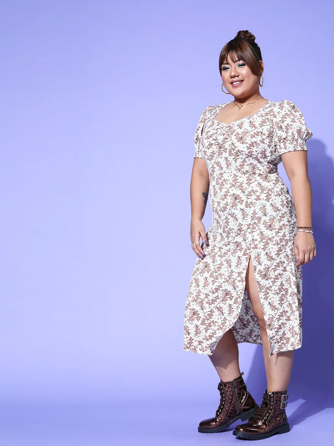 Berrylush Women Plus Size White & Brown Floral Printed Sweetheart Neck Slit A-Line Midi Dress