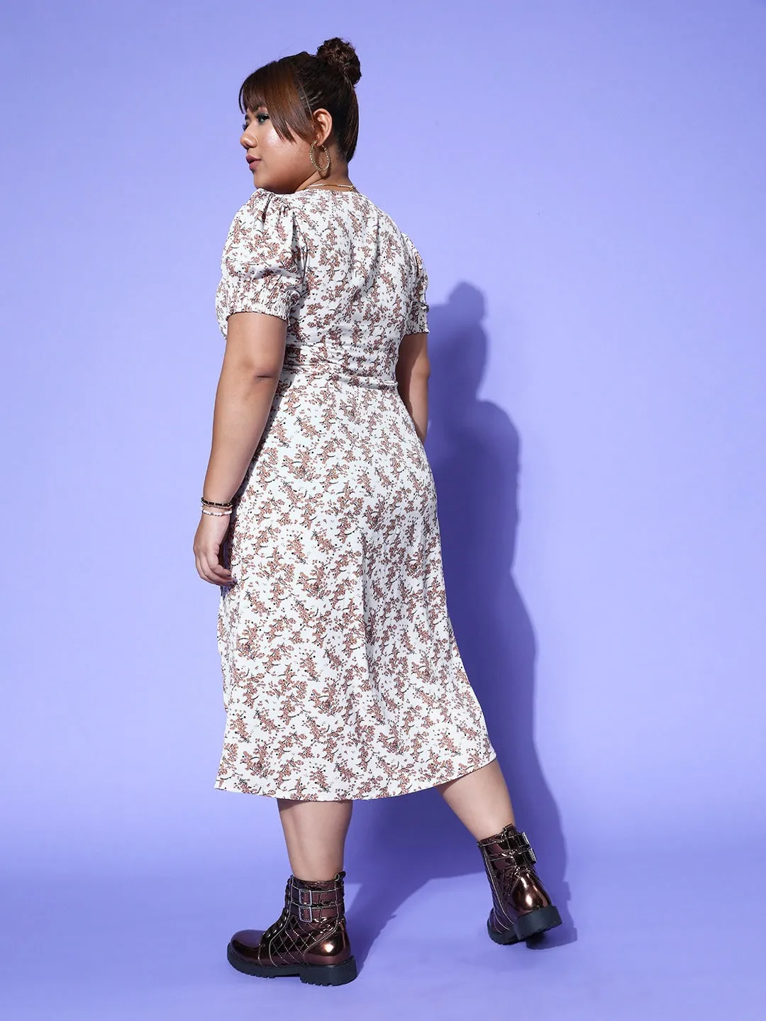 Berrylush Women Plus Size White & Brown Floral Printed Sweetheart Neck Slit A-Line Midi Dress