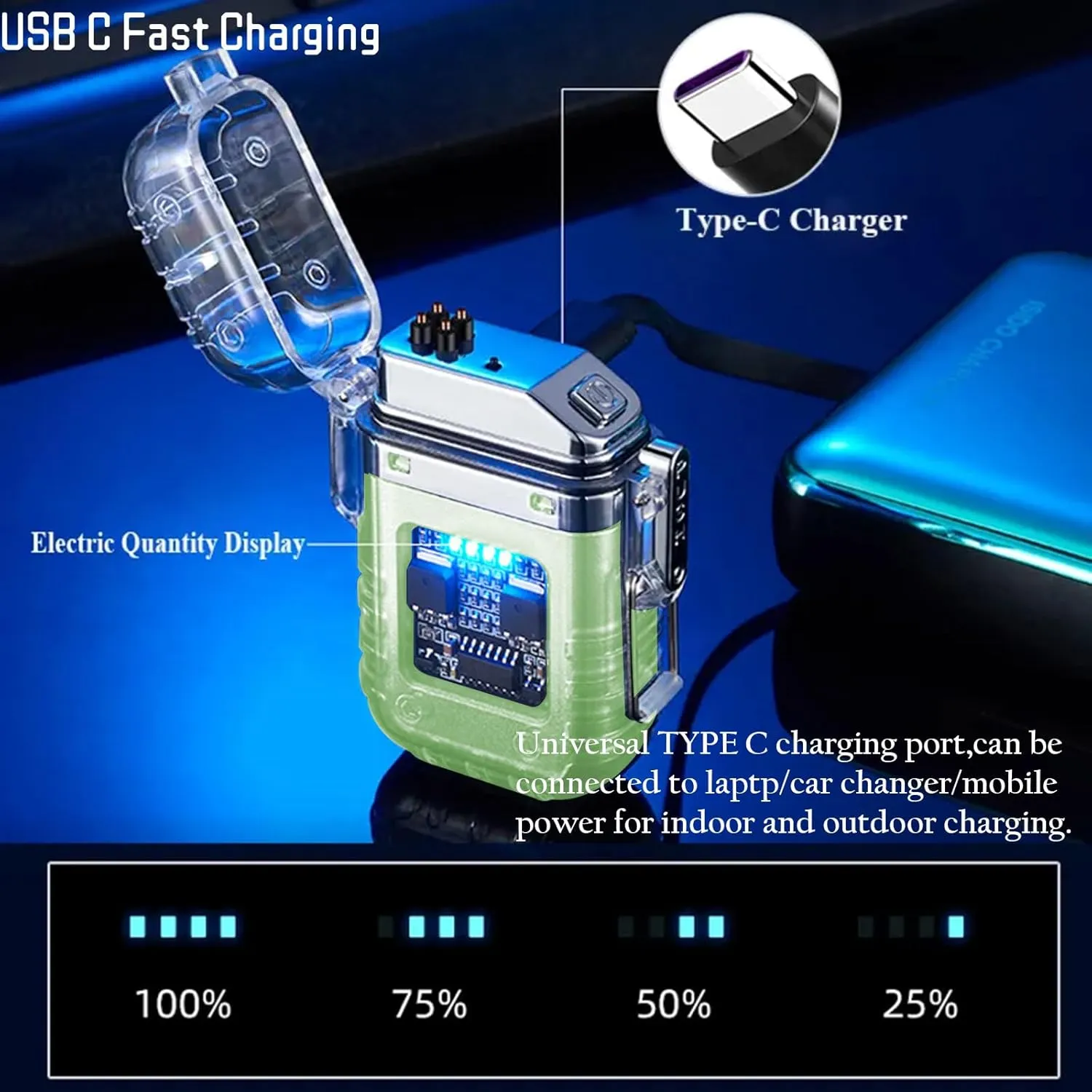 Electric Lighter Waterproof Transparent Plasma Arc Lighter with LED Battery Indication Type C Rechargeable Lighter Outdoor Windproof Lighter for Camping,Candle (Green Luminous)
