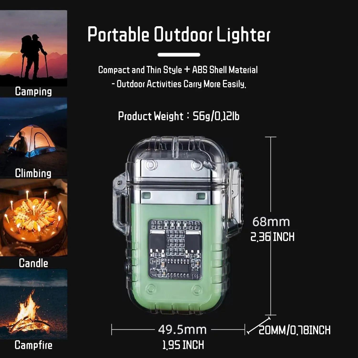 Electric Lighter Waterproof Transparent Plasma Arc Lighter with LED Battery Indication Type C Rechargeable Lighter Outdoor Windproof Lighter for Camping,Candle (Green Luminous)
