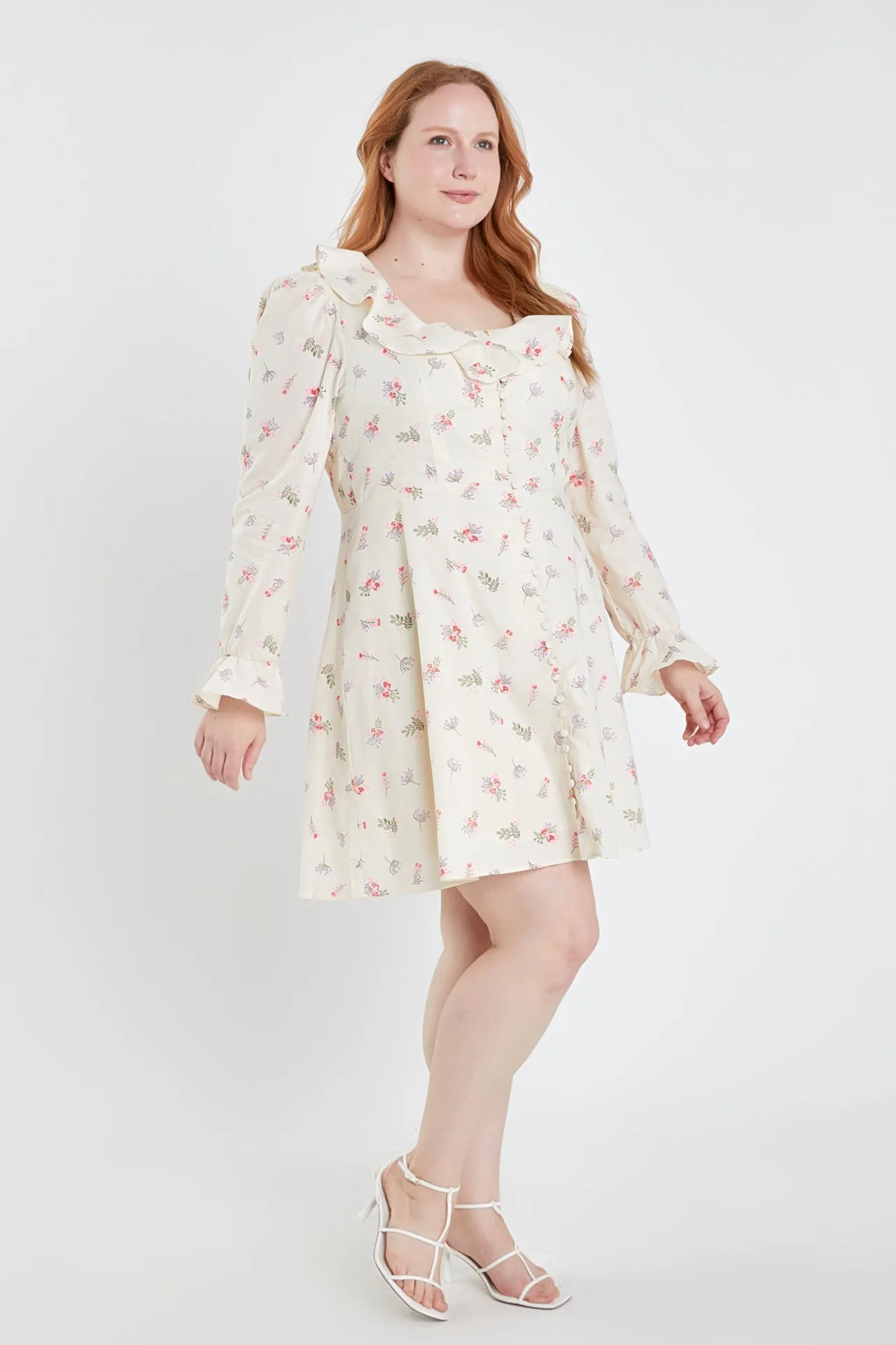 English Factory - Plus Size Floral Ruffled Neck Mini Dress