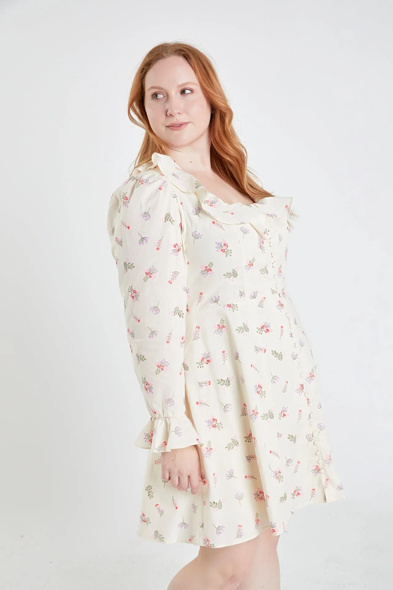English Factory - Plus Size Floral Ruffled Neck Mini Dress
