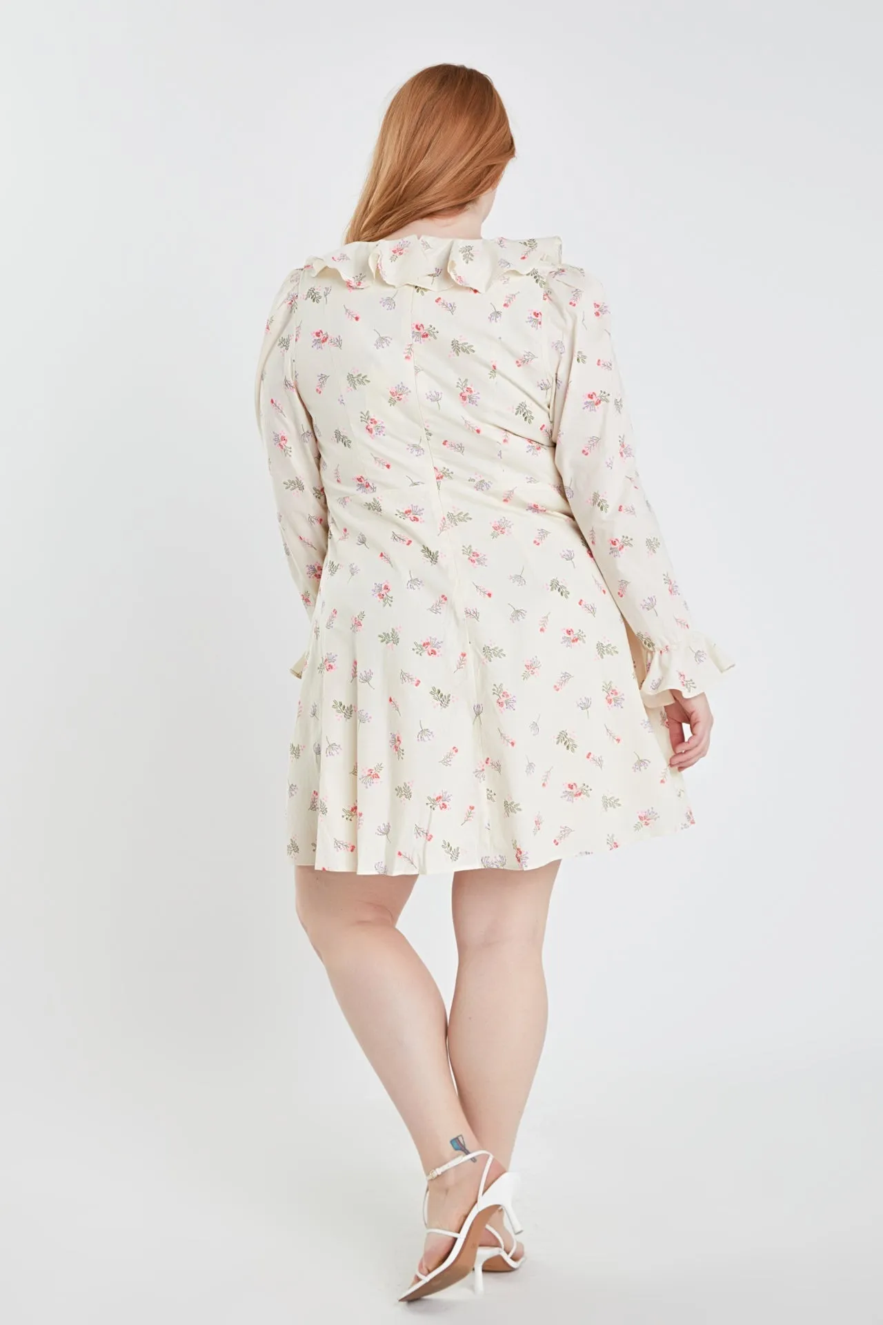 English Factory - Plus Size Floral Ruffled Neck Mini Dress