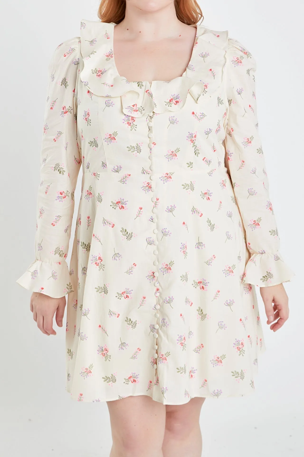 English Factory - Plus Size Floral Ruffled Neck Mini Dress