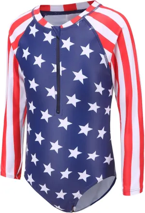 Girls Long Sleeve Rash Guard One Piece Swimsuit Kids UPF 50  Sun Protection Swimwear Rainbow Striped Bathing Suit 3-14 Years