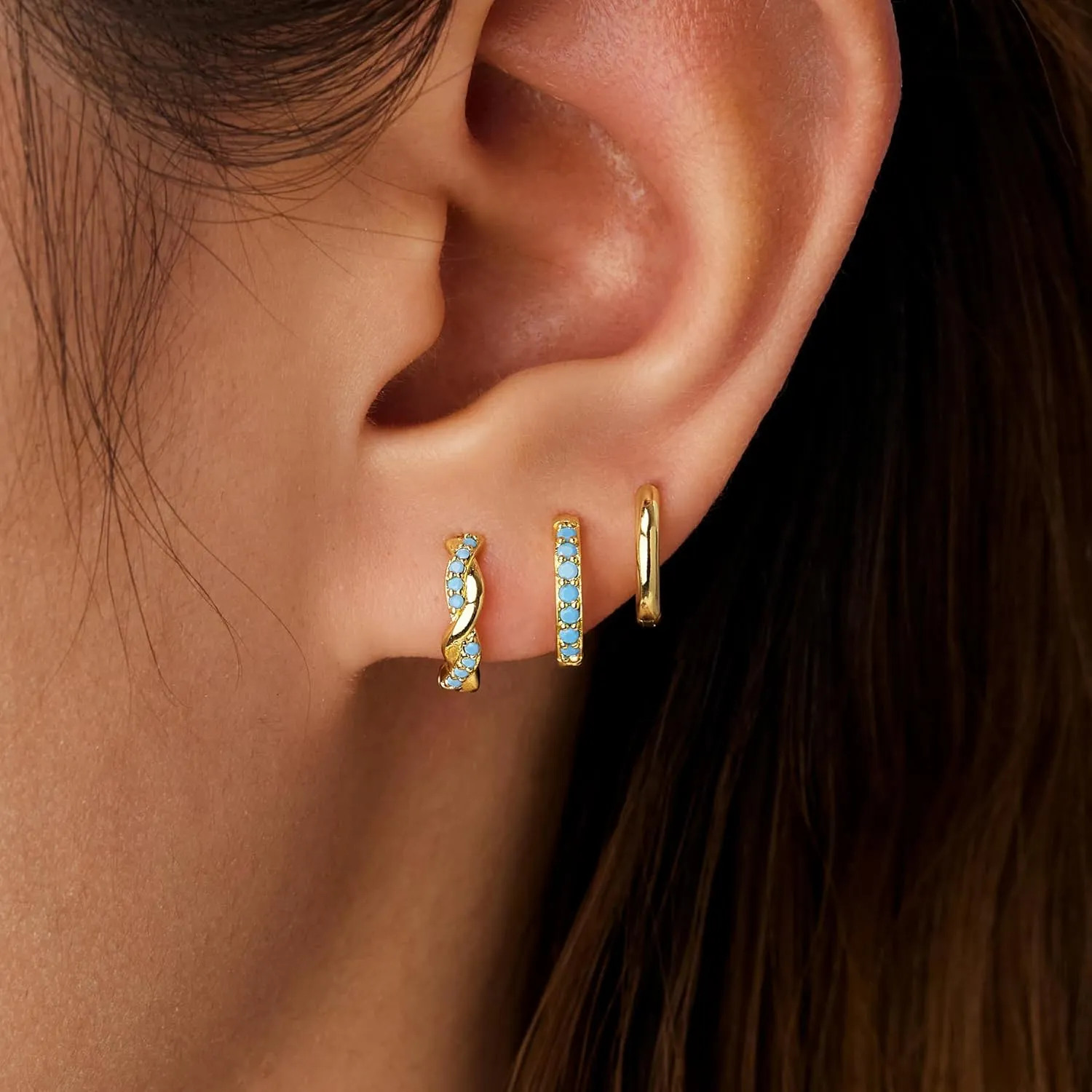 Gold Huggie Hoop Earrings Set for Women, Dainty Small Sterling Silver Earring for Multiple Piercing Hypoallergenic Jewelry, Trendy Twisted CZ Cartilage Earings for Women's Mother Gifts 3Pairs