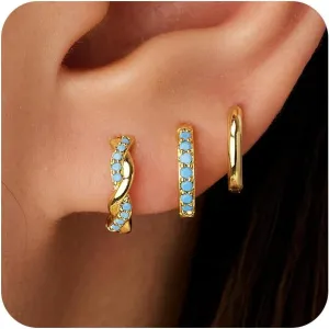 Gold Huggie Hoop Earrings Set for Women, Dainty Small Sterling Silver Earring for Multiple Piercing Hypoallergenic Jewelry, Trendy Twisted CZ Cartilage Earings for Women's Mother Gifts 3Pairs