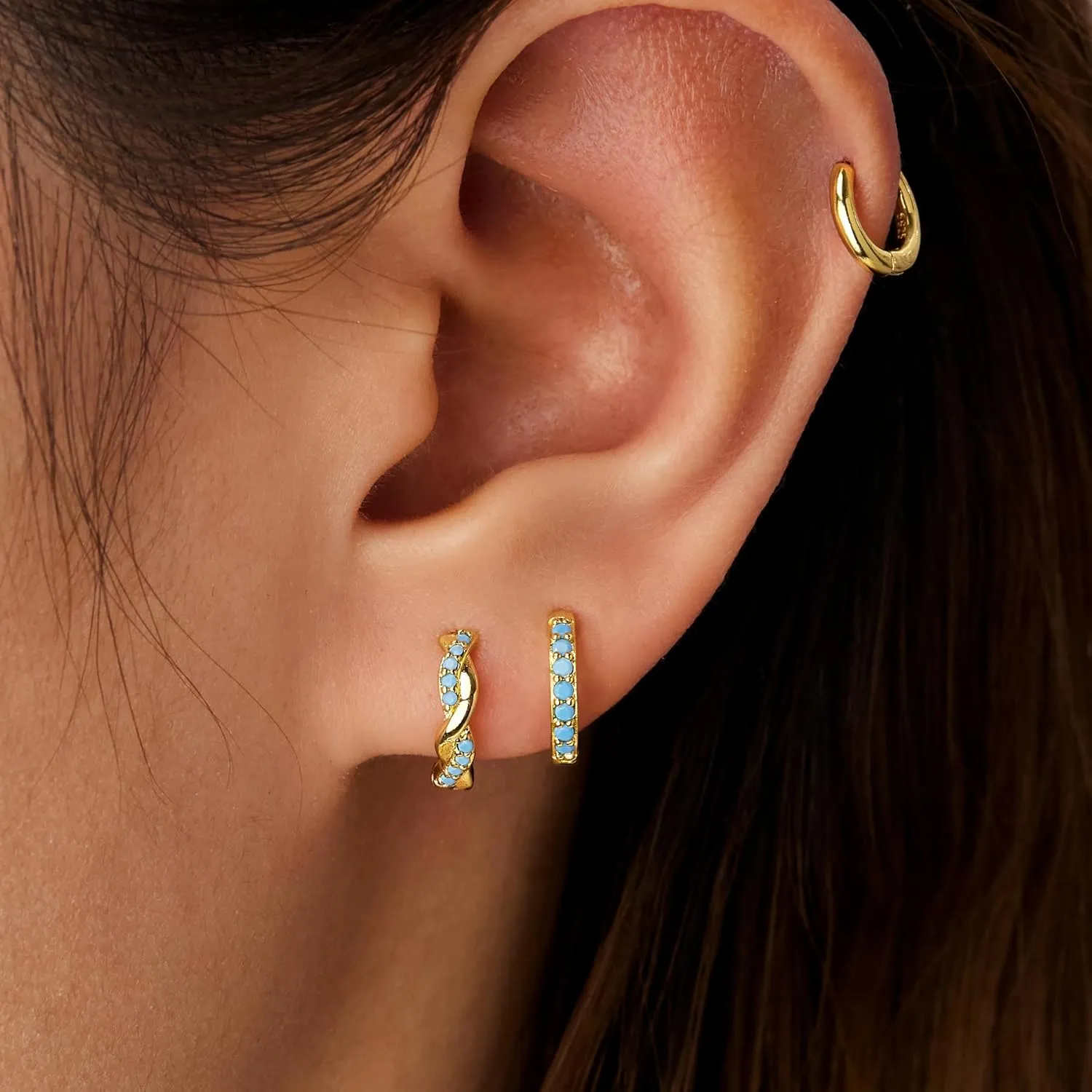 Gold Huggie Hoop Earrings Set for Women, Dainty Small Sterling Silver Earring for Multiple Piercing Hypoallergenic Jewelry, Trendy Twisted CZ Cartilage Earings for Women's Mother Gifts 3Pairs