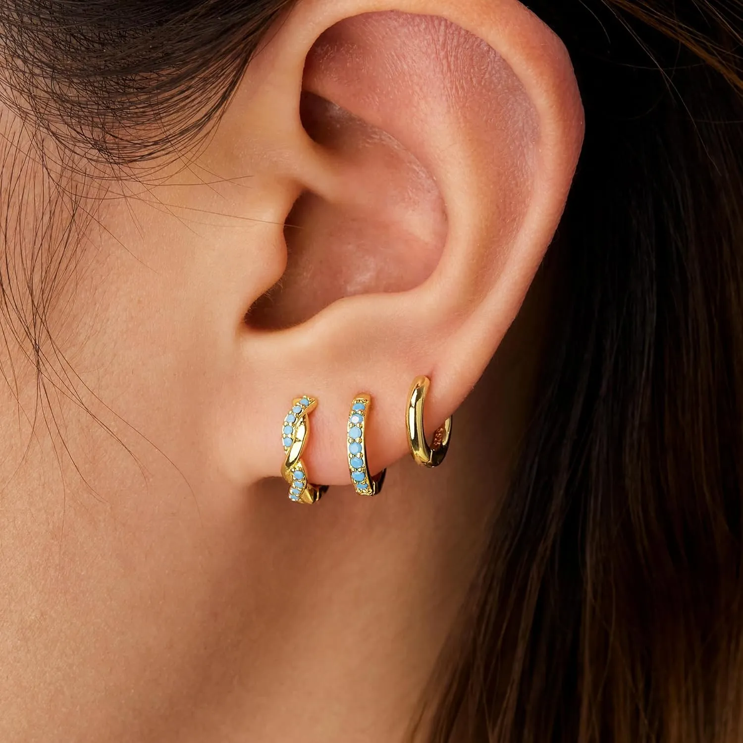 Gold Huggie Hoop Earrings Set for Women, Dainty Small Sterling Silver Earring for Multiple Piercing Hypoallergenic Jewelry, Trendy Twisted CZ Cartilage Earings for Women's Mother Gifts 3Pairs