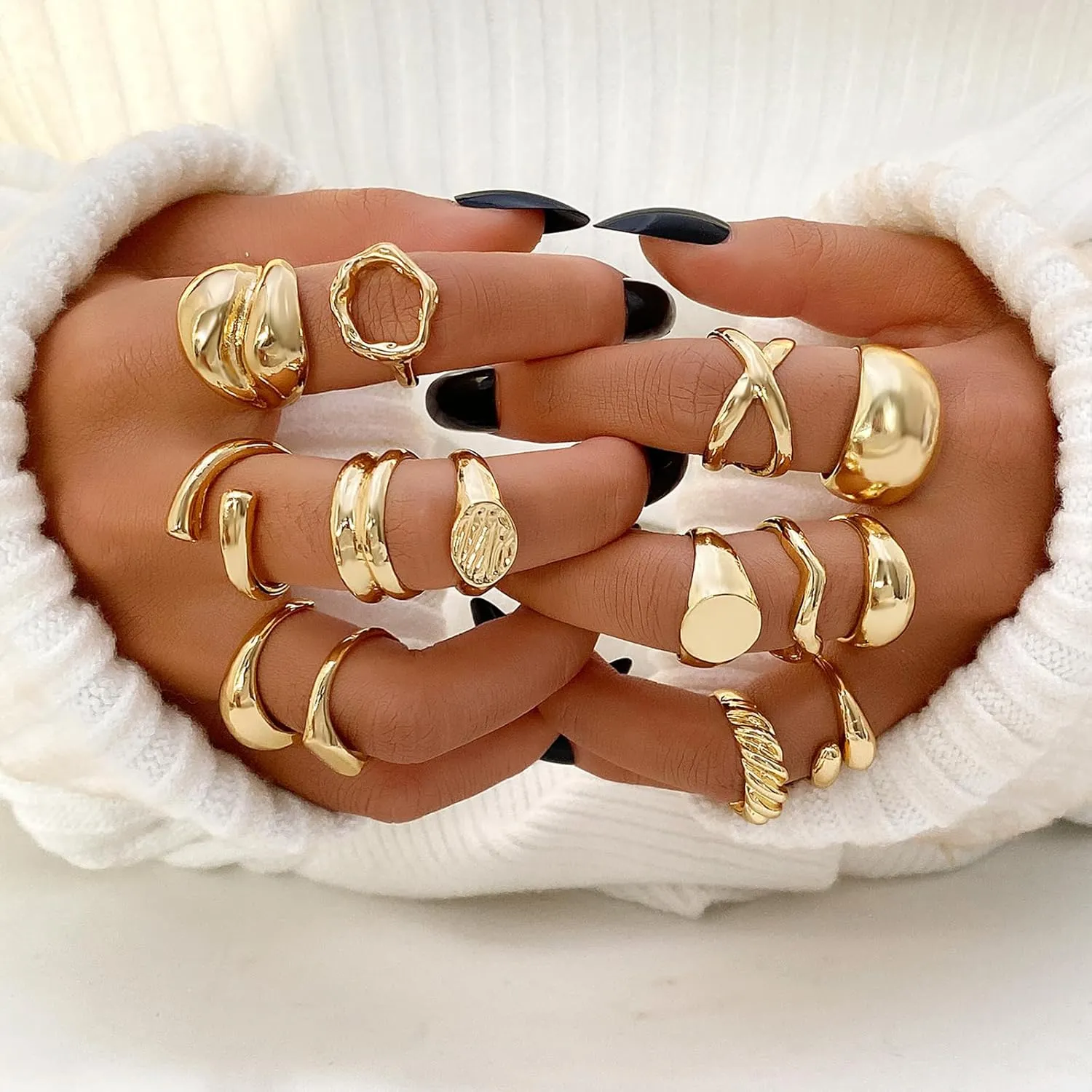 IFKM 36 PC Gold Plated Jewelry Set with 4 Necklace, 11 Bracelet, 7 Ear Cuffs Earring, 14 Knuckle Rings for Women Girls Valentine Anniversary Birthday Friendship Gift