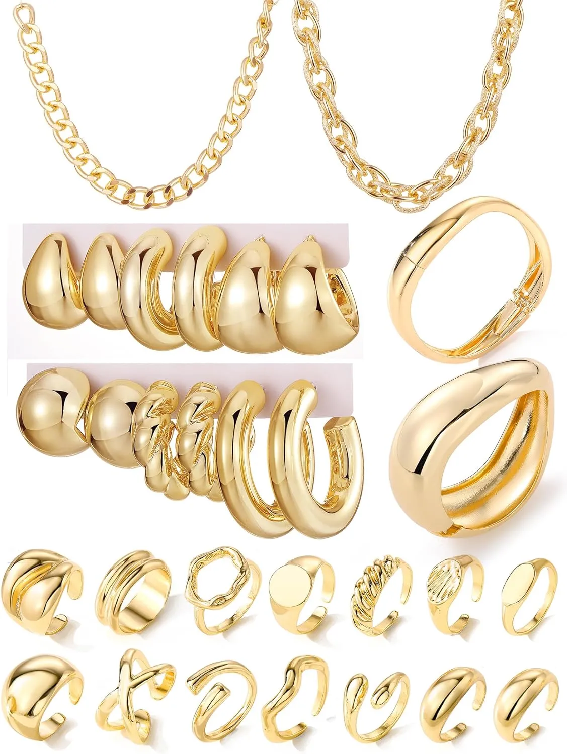 IFKM 36 PC Gold Plated Jewelry Set with 4 Necklace, 11 Bracelet, 7 Ear Cuffs Earring, 14 Knuckle Rings for Women Girls Valentine Anniversary Birthday Friendship Gift