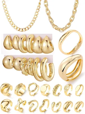 IFKM 36 PC Gold Plated Jewelry Set with 4 Necklace, 11 Bracelet, 7 Ear Cuffs Earring, 14 Knuckle Rings for Women Girls Valentine Anniversary Birthday Friendship Gift