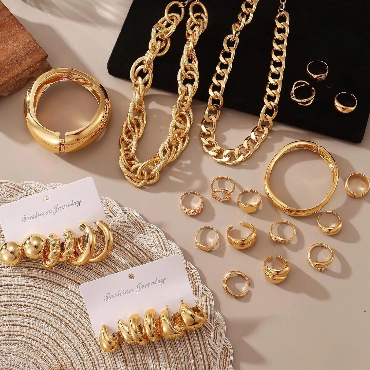 IFKM 36 PC Gold Plated Jewelry Set with 4 Necklace, 11 Bracelet, 7 Ear Cuffs Earring, 14 Knuckle Rings for Women Girls Valentine Anniversary Birthday Friendship Gift