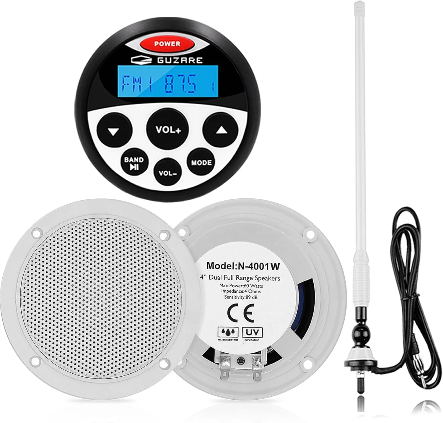 Marine Wateroroof Audio Package Marine Bluetooth Stereo Radio System - Waterproof FM Radio Stereo ATV UTV Heavy Duty Power Sports Head Unit with White Marine Speaker and Antennas