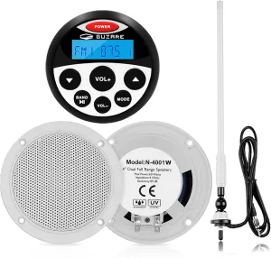 Marine Wateroroof Audio Package Marine Bluetooth Stereo Radio System - Waterproof FM Radio Stereo ATV UTV Heavy Duty Power Sports Head Unit with White Marine Speaker and Antennas
