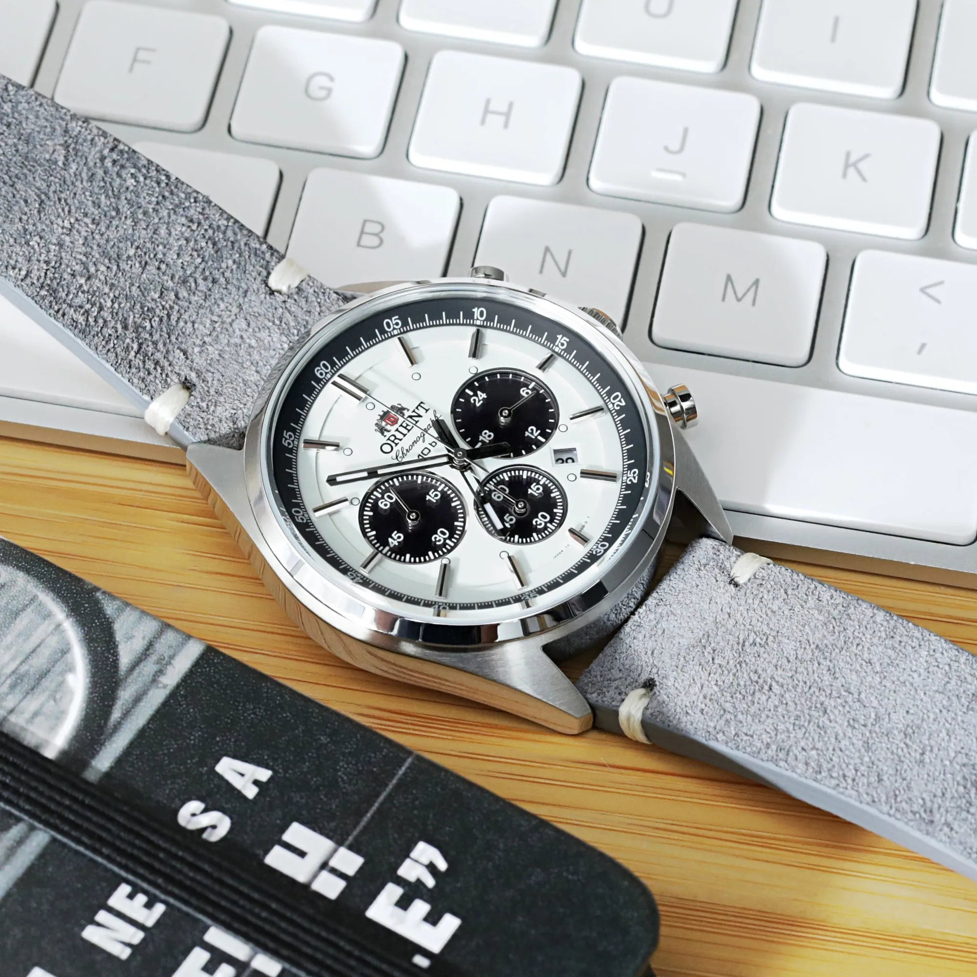 MiLTAT Q.R. Grey Suede Suede Leather Watch Band, Beige Stitch.