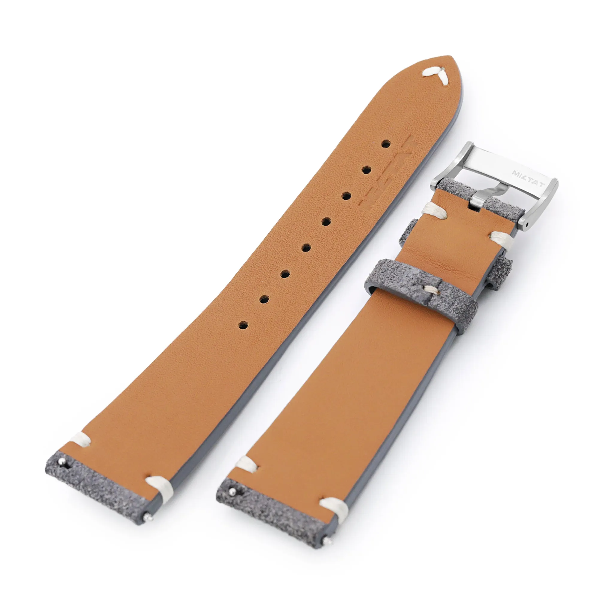 MiLTAT Q.R. Grey Suede Suede Leather Watch Band, Beige Stitch.