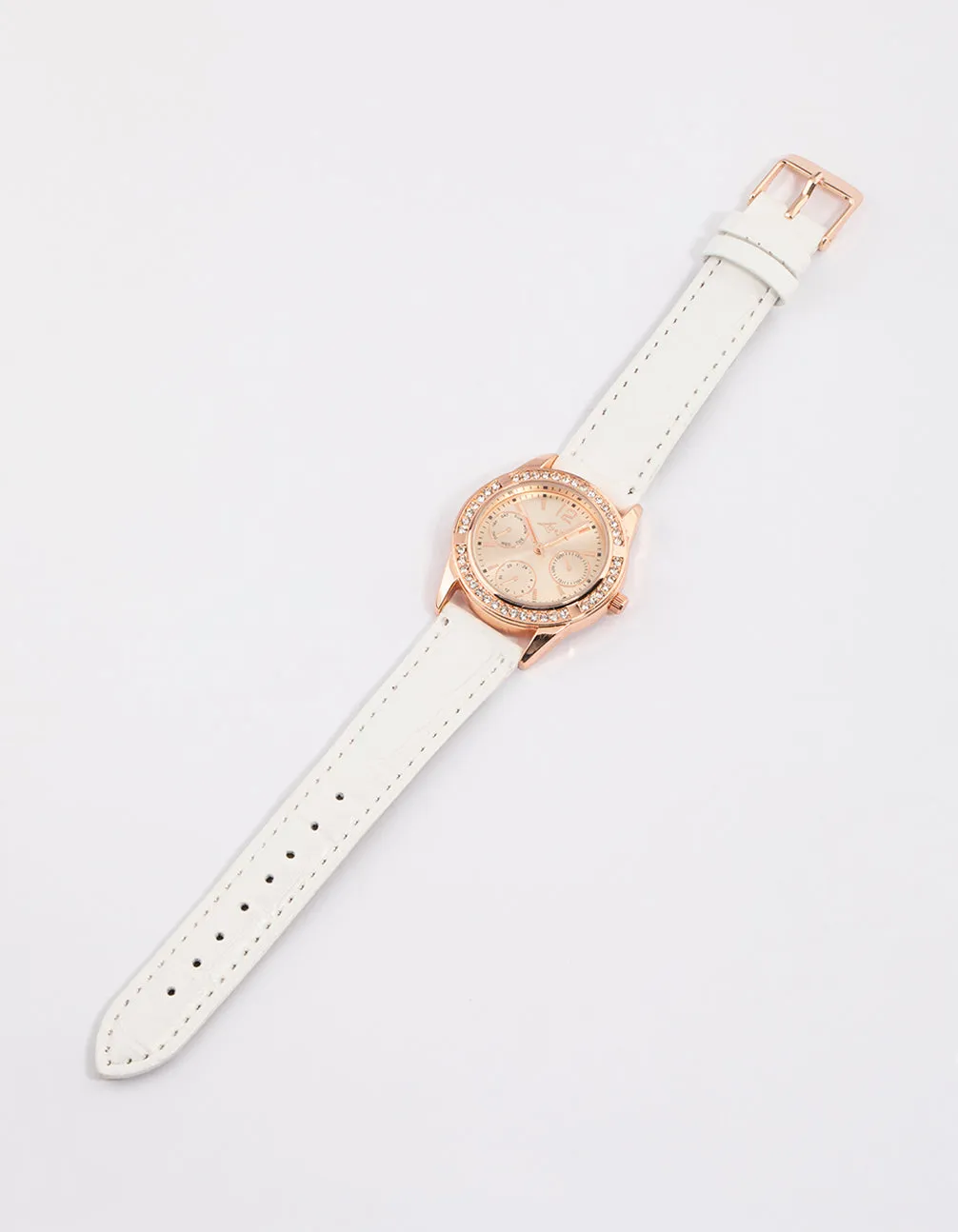 Rose Gold Diamante Dial Faux Leather Watch