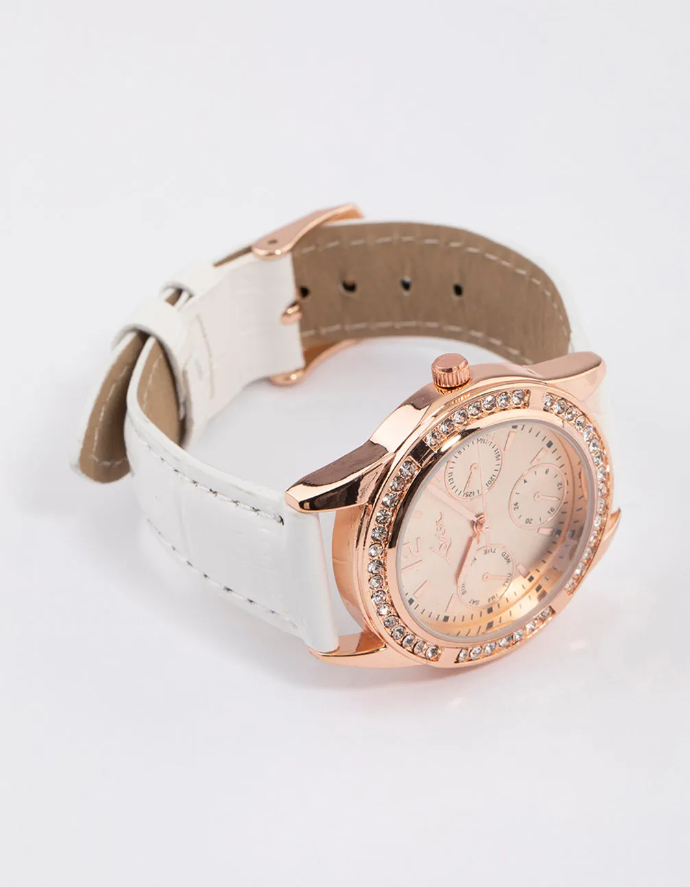 Rose Gold Diamante Dial Faux Leather Watch