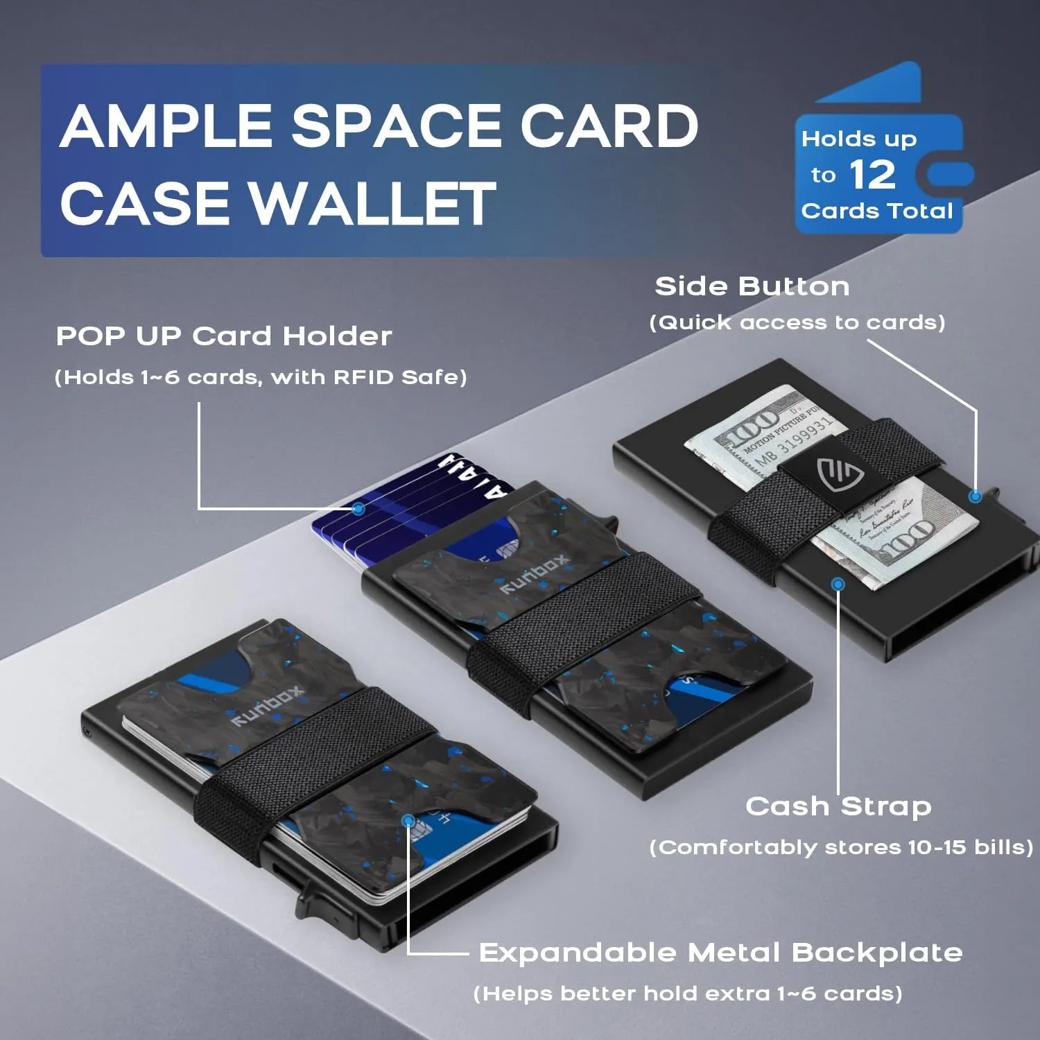 RUNBOX Slim Card Holder Wallet for Men, Minimalist RFID Blocking Wallet with Pop-Up Function, Ultra-Thin Design, Metal Business Card Cases holds 12  Cards, Gifts for Men, Men's Accessories