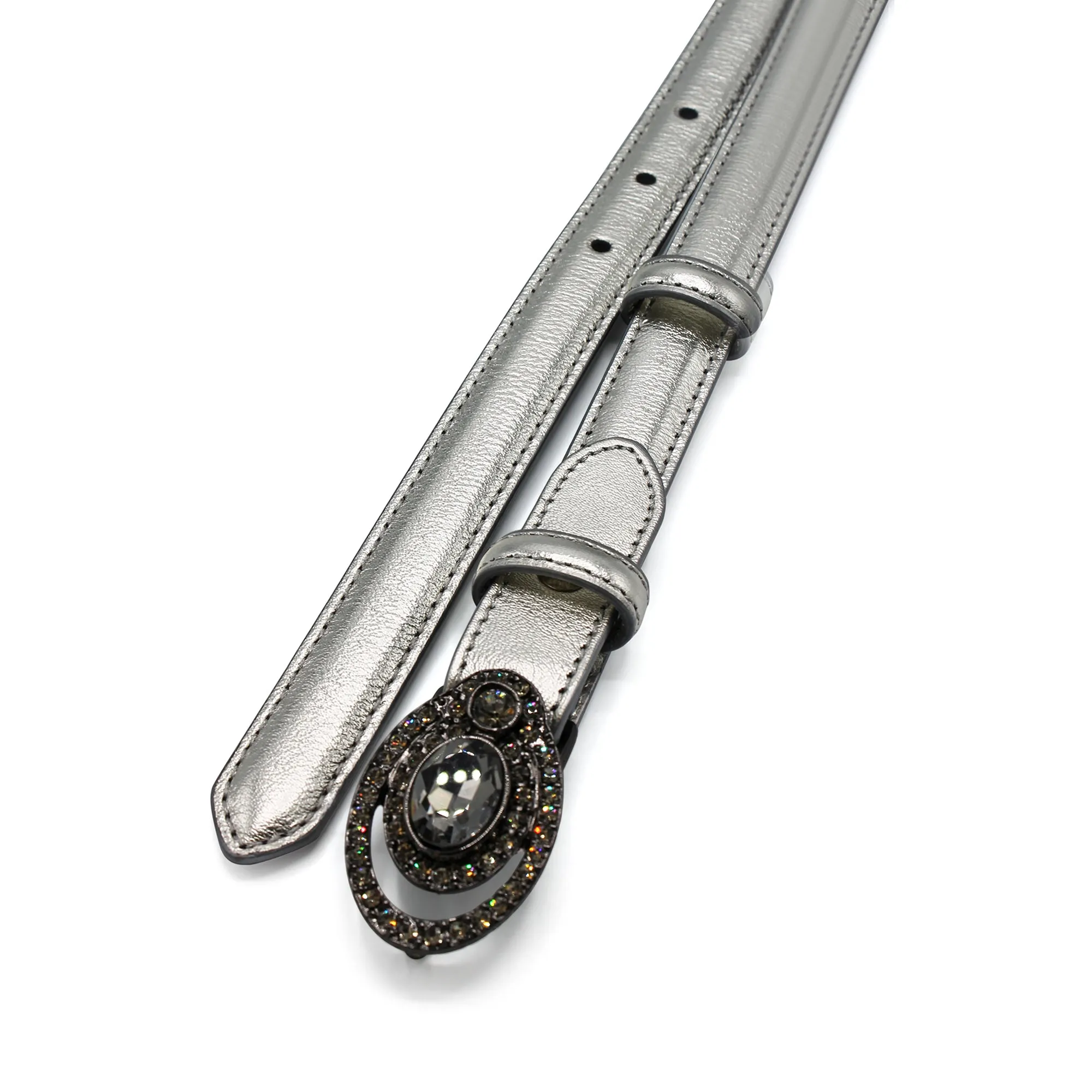 Skinny Silver Metallic Deco Crystal Belt