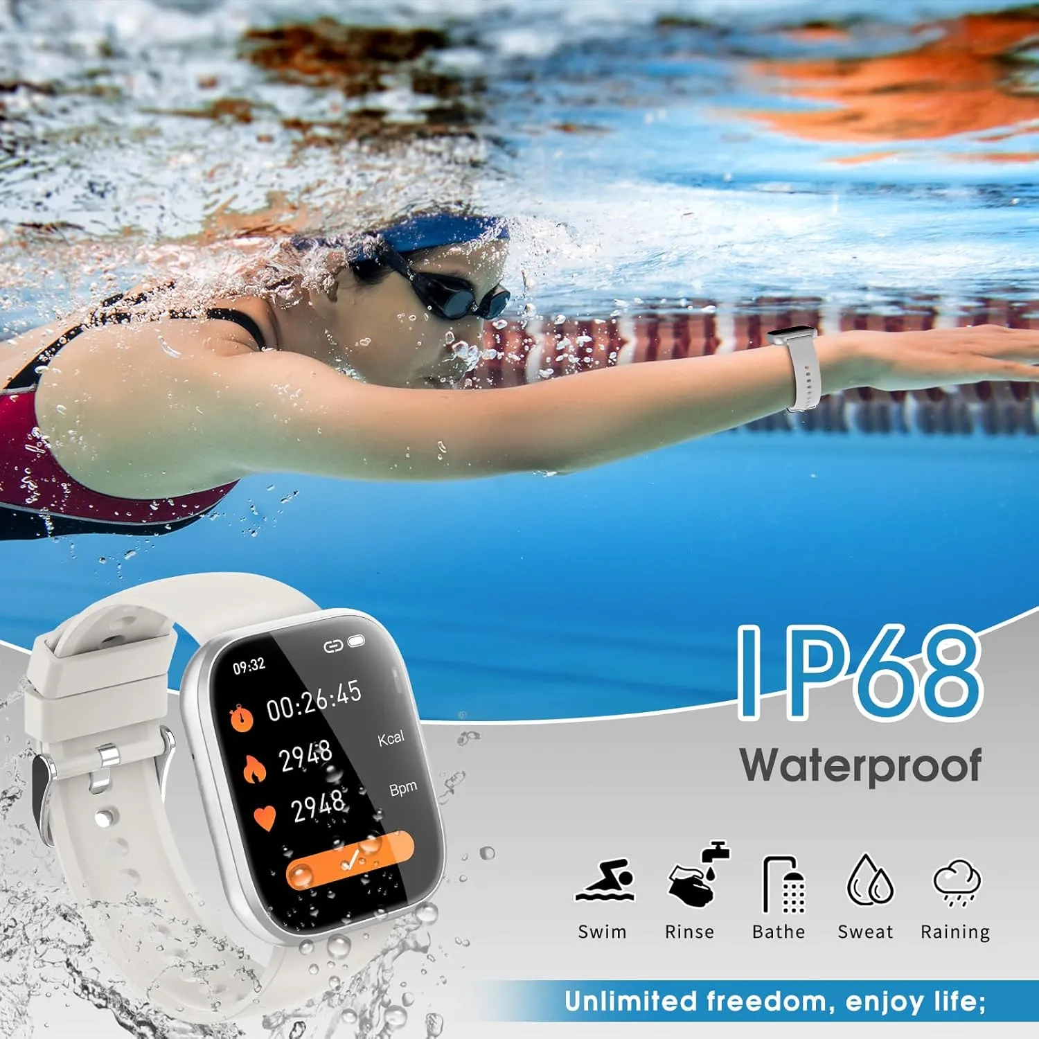 Smart Watch for Men Women Bluetooth Call, 1.85" HD Touch Screen Fitness Watch with Sleep Heart Rate Monitor, 112  Sports Modes, IP68 Waterproof Activity Trackers for Android iOS, Beige