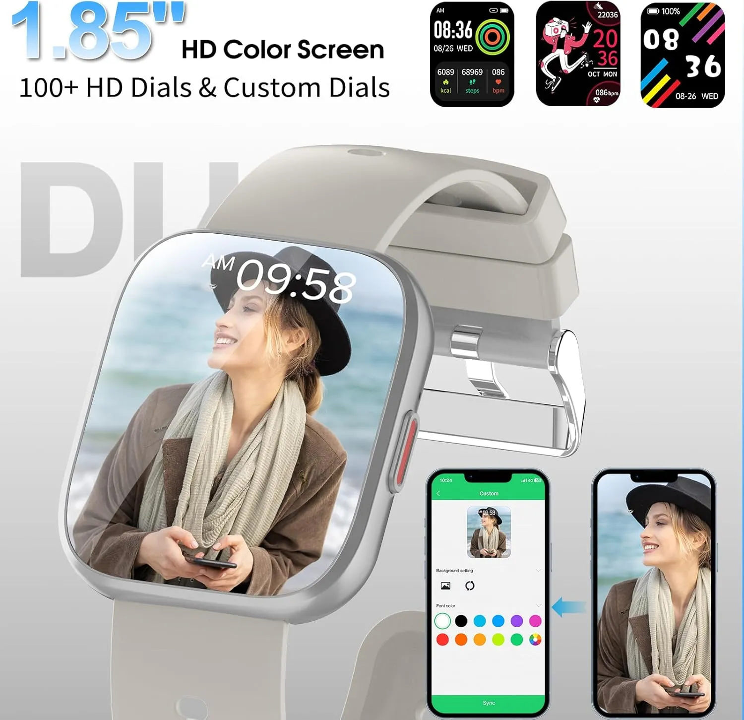 Smart Watch for Men Women Bluetooth Call, 1.85" HD Touch Screen Fitness Watch with Sleep Heart Rate Monitor, 112  Sports Modes, IP68 Waterproof Activity Trackers for Android iOS, Beige