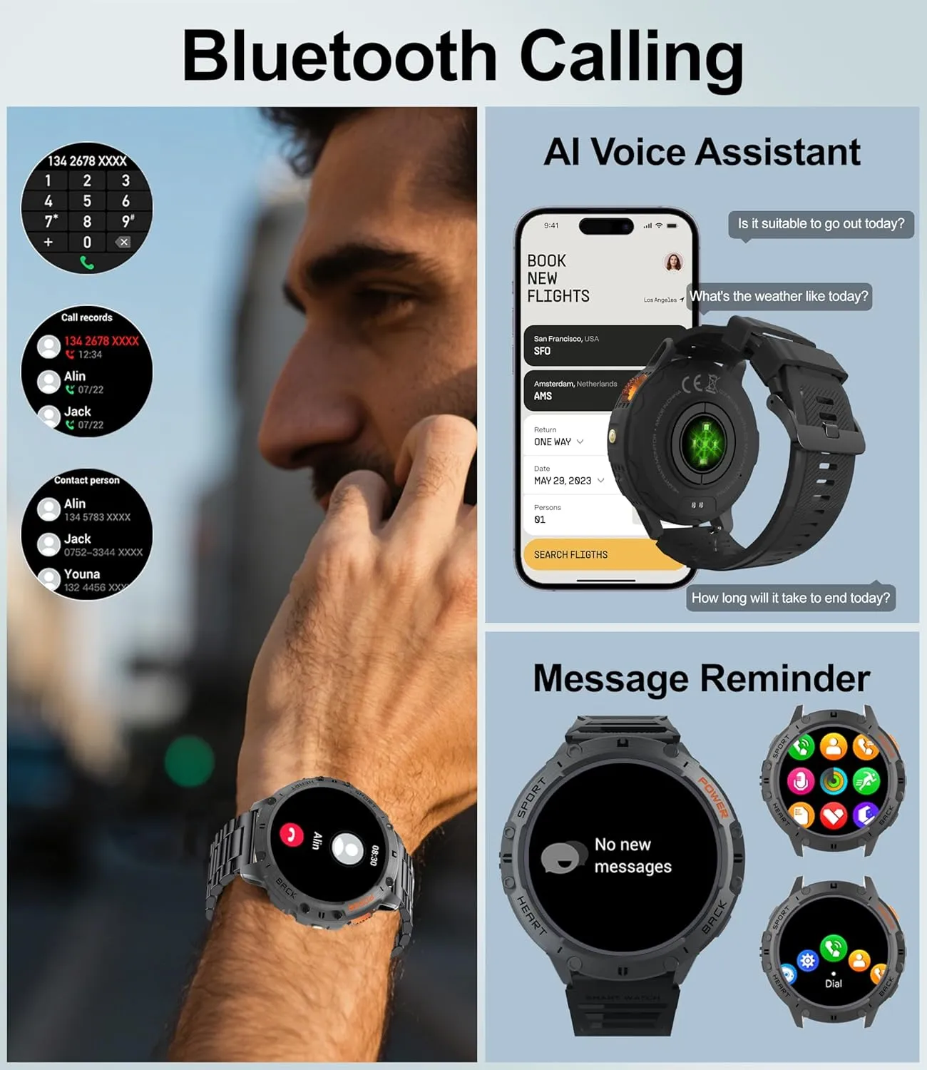 Smart Watches for Men with Flashlight(Answer/Make Calls),1,43" AMOLED Military Rugged Tactical Smartwatch,5ATM Waterproof/Heart Rate Monitor/Fitness Tracker for iOS Android,5-Bead