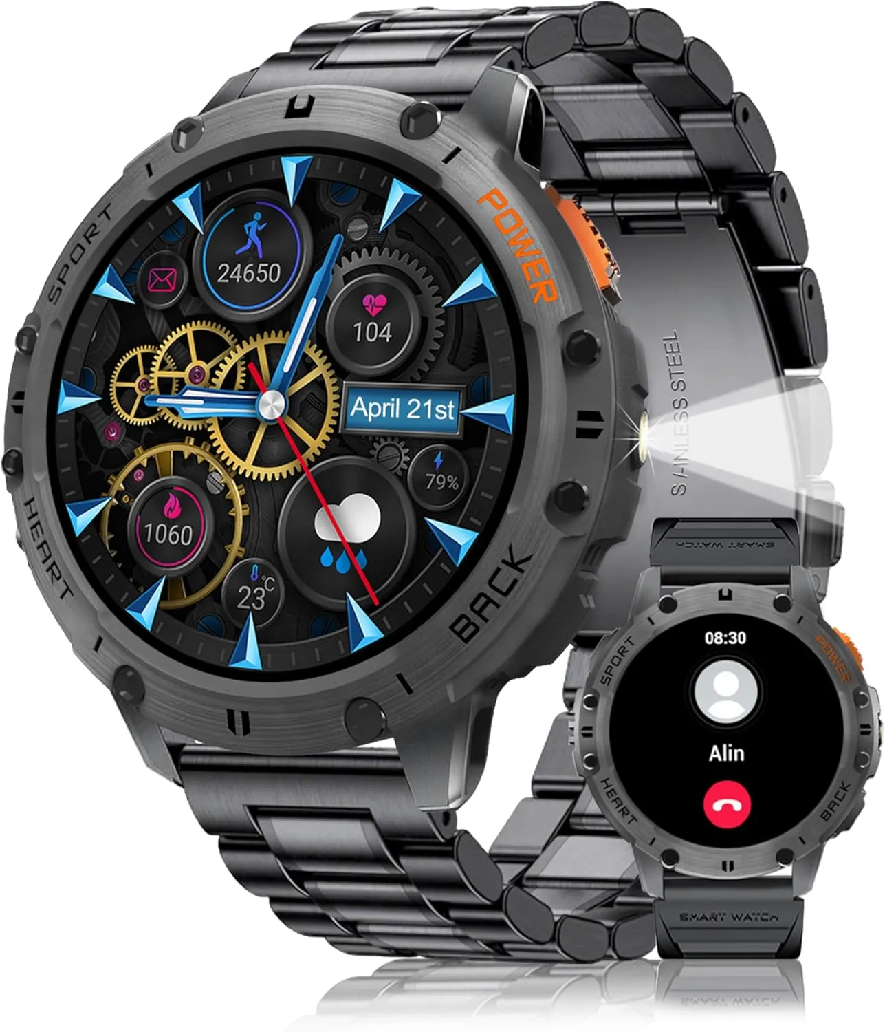 Smart Watches for Men with Flashlight(Answer/Make Calls),1,43" AMOLED Military Rugged Tactical Smartwatch,5ATM Waterproof/Heart Rate Monitor/Fitness Tracker for iOS Android,5-Bead