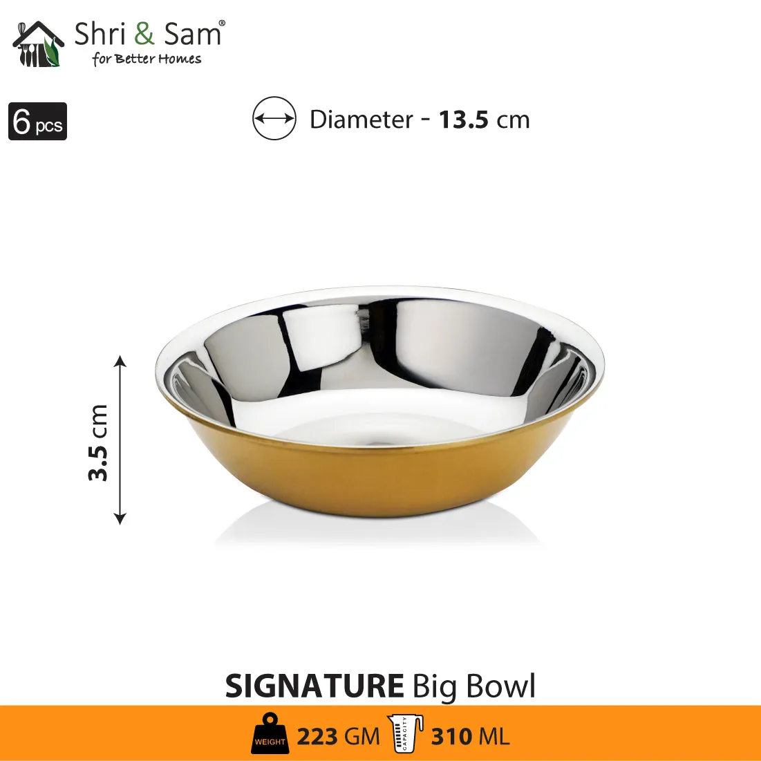 Stainless Steel 6 PCS Big Bowl with Gold PVD Coating Signature - Shiny