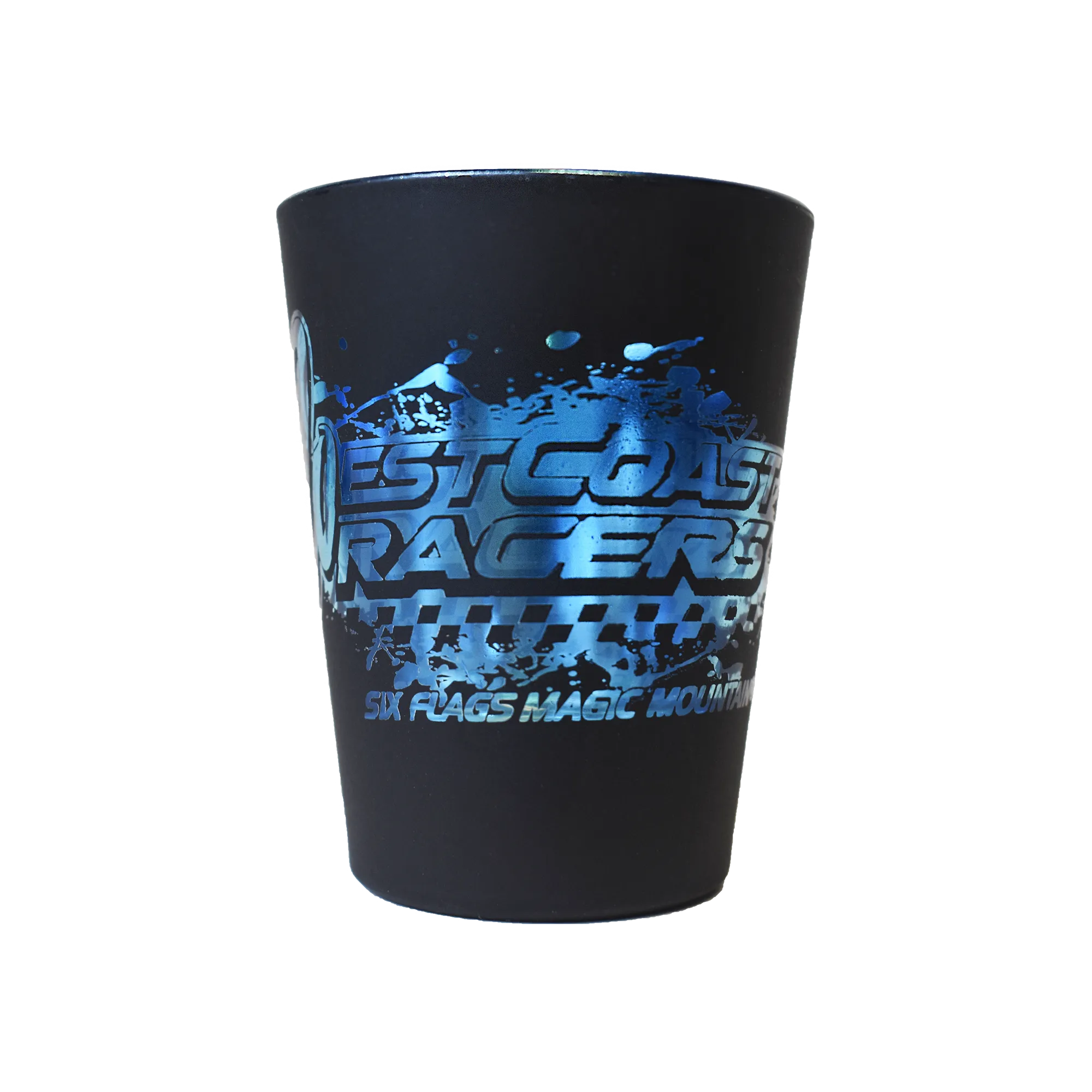 WEST COAST RACERS MATTE BLACK SHOT GLASS (SIX FLAGS MAGIC MOUNTAIN)