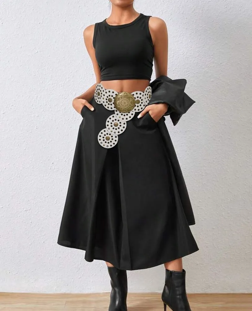Wide Disc Belt for Women Boho Concho Leather Belts Vintage Western Waist Belt
