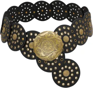 Wide Disc Belt for Women Boho Concho Leather Belts Vintage Western Waist Belt