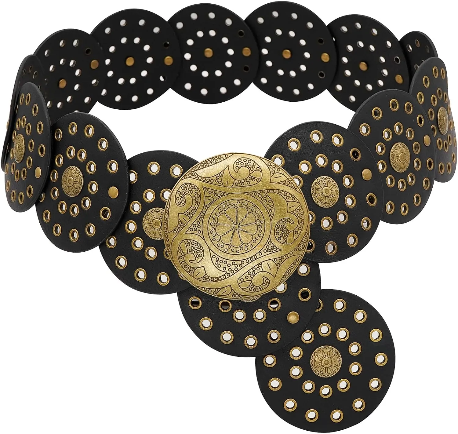 Wide Disc Belt for Women Boho Concho Leather Belts Vintage Western Waist Belt