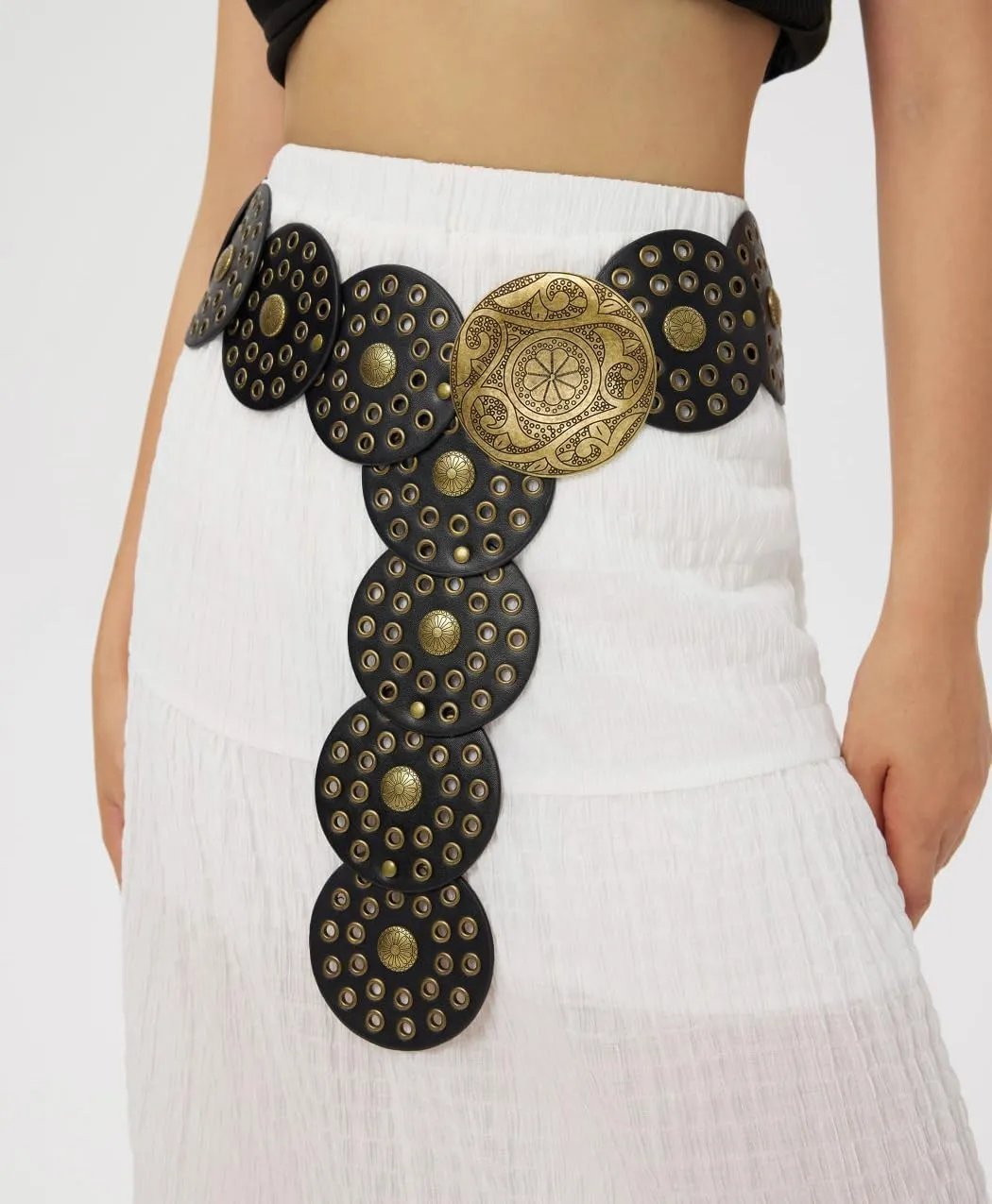 Wide Disc Belt for Women Boho Concho Leather Belts Vintage Western Waist Belt