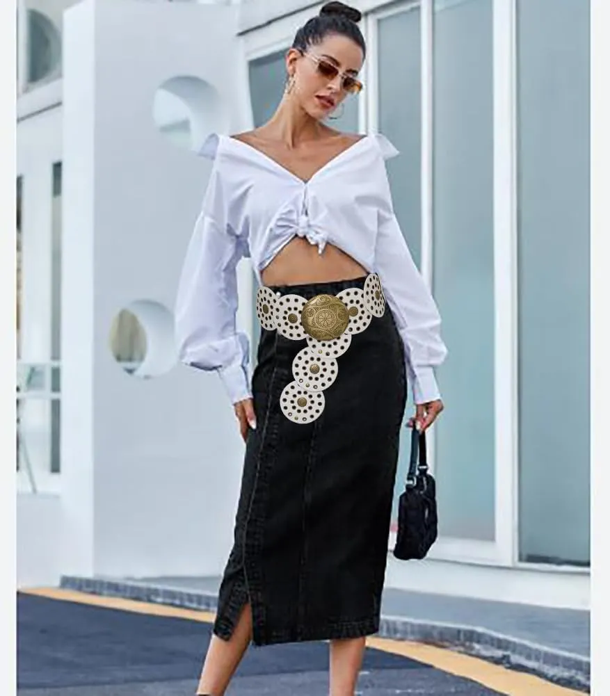 Wide Disc Belt for Women Boho Concho Leather Belts Vintage Western Waist Belt