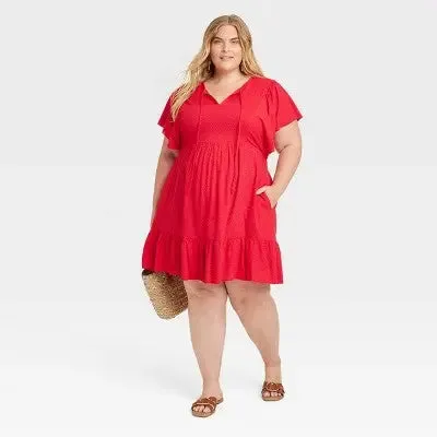 Women's Ruffle Short Sleeve A-Line Dress - Knox Rose Red 1X